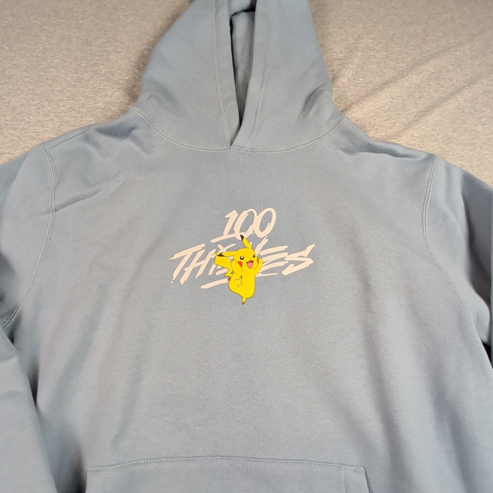 100 Thieves x Pokemon Pikachu Hoodie Light Blue Mens Medium Sweatshirt 2023
